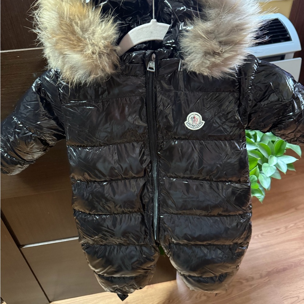 Moncler Shiny Black Puffer Snowsuit with Fur Trim